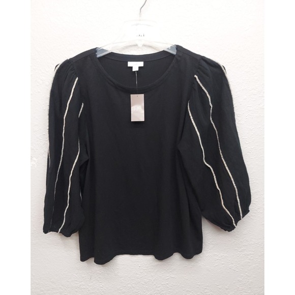 J. Jill Tops - J Jill Top Womens Medium Black Balloon Sleeve Pullover White Stripes NWT